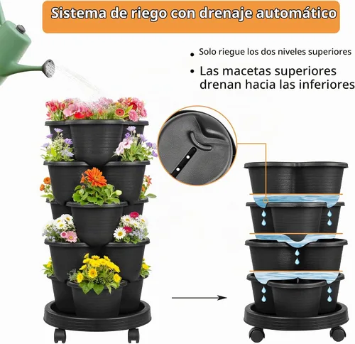 Vista 3 de VECELO Macetero vertical de 5 niveles, apilables, con ruedas para fresas, hierbas, flores, verduras, color negro