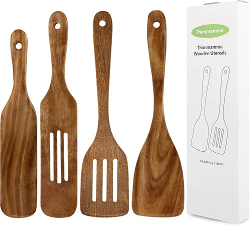 Vista 8 de Paquete de 4 espátulas de madera para cocinar, espátulas antiadherentes de madera de acacia para uso en cocina, juego de espátulas de cocina