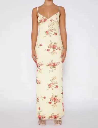 Vista 3 de Elegante vestido largo largo para mujer, con tirantes delgados, floral, vestido midi ajustado, sin espalda, para fiesta nocturna, vestidos sexys