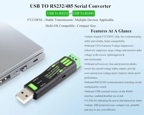 Vista 2 de Adaptador convertidor serie USB a RS232/RS485, chip original integrado FT232RNL estable, compatible con Raspberry Pi/Jetson Nano/Windows