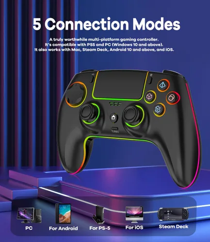 Vista 6 de GlowPlayX Wireless Gaming Controller Compatible with PS-5 Console/Pro/PC/Mac/iOS/Android/Steam Deck, Gamepad with RGB Lighting/Hall Effect Negro