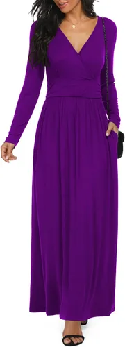 Vista 34 de LILBETTER - Vestido largo de manga larga, cuello en V profundo, holgado, liso y casual para mujer Verde militar