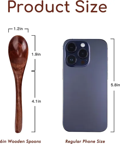 Vista 2 de Cucharas de madera de 6 pulgadas, juego de 6 cucharas de sopa, pequeños utensilios de madera para café, té, mermelada, azúcar, helado y sales