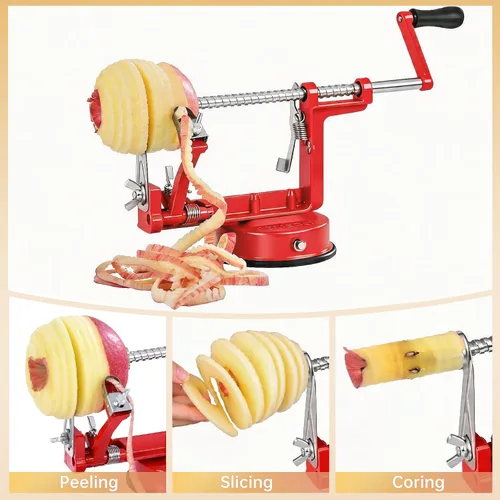 Vista 4 de Pelador Rebanador Descorazonador de Manzanas con Cuchillas de Acero Inoxidable y Potente Base de Succión para Manzanas, Peras, Papas (Rojo)