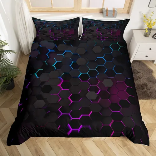 Vista 29 de Juego de funda de edredón de dibujos animados con lazo, tamaño individual, juego de ropa de cama a cuadros geométricos coloridos, decoración