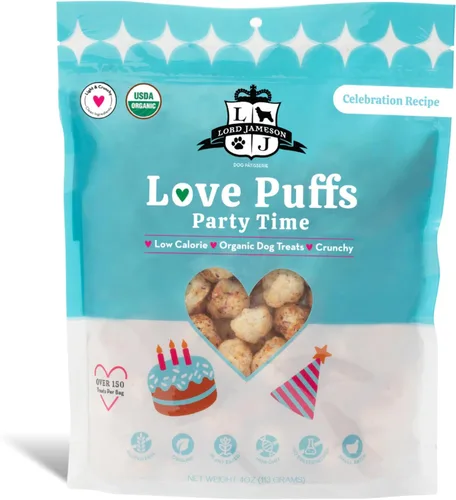 Vista 13 de Lord Jameson Cheddar Charm Colección Love Puffs ligeros y crujientes Golosinas orgánicas para perros, receta de queso, sin gluten, sin