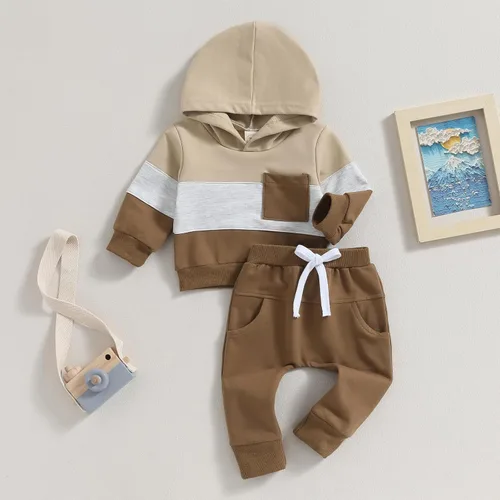Vista 3 de Ursobutegl Ropa para bebé niño pequeño, sudadera con capucha y bloques de color, 2 piezas, sudadera para otoño e invierno
