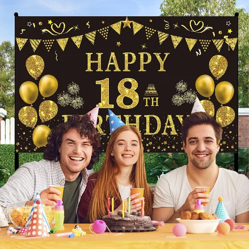 Vista 5 de Trgowaul Decoraciones de cumpleaños número 18 para hombres, pancarta de fondo negro y dorado de 5.9 x 3.6 pies, suministros de fotografía de feliz