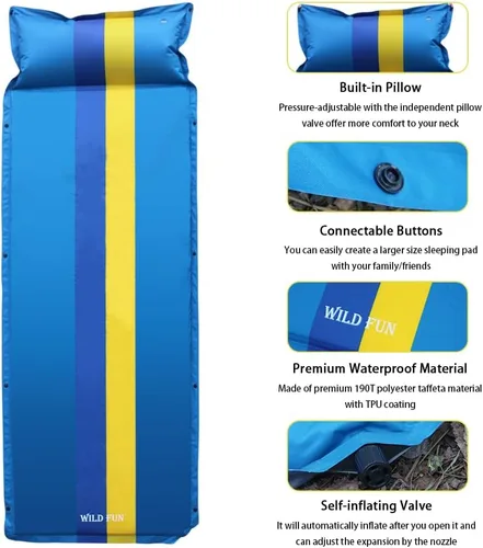 Vista 3 de WILD FUN Colchoneta de dormir para campamento, colchón de espuma viscoelástica con almohada, almohadilla de campamento autoinflable de 1.2 pulgadas