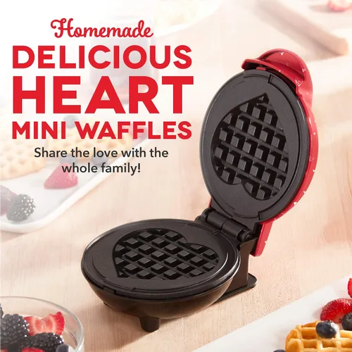 Vista 2 de Dash Heart - Mini waflera con superficie antiadherente de 4 pulgadas, estampado de corazón rojo
