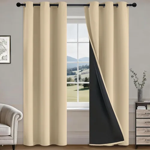 Vista 49 de COSVIYA Cortinas opacas 100% beige Biscotti para dormitorio, juego de 2 paneles de 63 pulgadas de largo, bloqueo de luz completa, aislamiento
