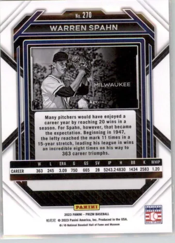 Vista 2 de 2023 Panini Prizm #270 Warren Spahn Milwaukee Braves Baseball Card in Raw (NM or Better) Condition