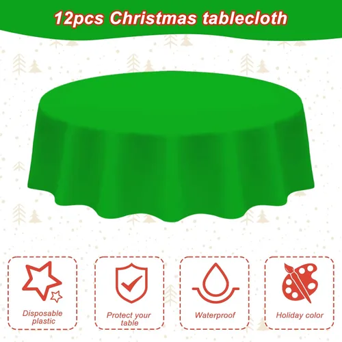 Vista 4 de 12 manteles redondos de plástico desechables para Navidad, suministros para fiestas de Año Nuevo, fundas de mesa redondas impermeables para Navidad