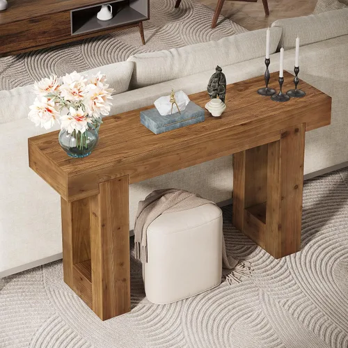Vista 4 de Mesa consola de madera maciza, mesa de sofá de granja de 55 pulgadas detrás del sofá, consola rectangular con doble base para entrada, pasillo, sala