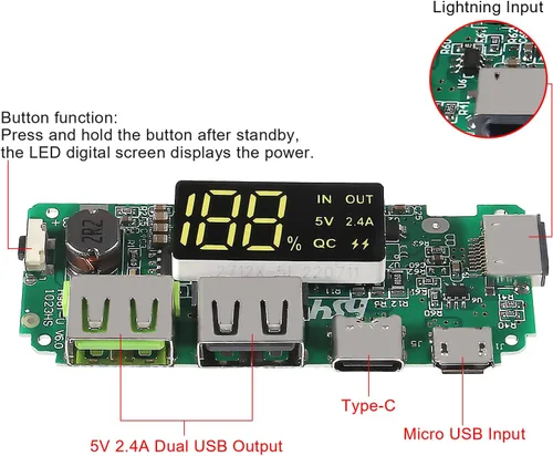 Vista 5 de 3 piezas Cargador de batería de litio placa LED Dual USB 5V 2.4A Micro/Tipo-C USB Banco de energía móvil 18650 Módulo de carga Protección de circuito