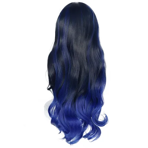 Vista 5 de ANOGOL Gorro de pelo + peluca larga azul oscuro ombré, juego ondulado, colorido escenario cosplay, peluca para mujeres y niñas, peluca sintética
