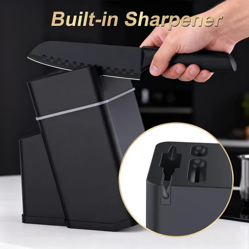 Vista 3 de Juego de cuchillos de cocina con bloque, juego de cuchillos de 15 piezas con afilador integrado, apto para lavavajillas, cuchillas de acero