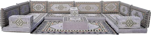 Vista 32 de arabicsofa Sofá en forma de U de estilo árabe para el suelo – Juego de Majlis hecho a mano – Sofá de estilo bohemio