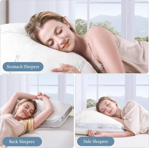 Vista 7 de Almohada de cama de algodón orgánico tamaño estándar Almohada ajustable de espuma viscoelástica triturada para dormir lateral y estómago, paquete