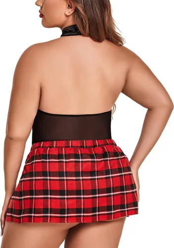 Vista 6 de Avidlove Conjunto de lencería de talla grande para mujer, trajes sexys para juegos de rol, disfraz de cosplay, lencería escolar con falda a cuadros