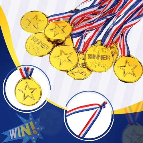 Vista 3 de Sotiff Medallas ganadoras de plástico para niños, medallas de oro para fiestas, juegos, deportes, disfraces y más, 1.4 x 1.7 pulgadas