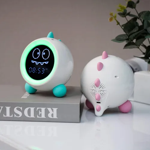 Vista 6 de Reloj despertador para niños, reloj de entrenamiento para dormir con luces nocturnas, máquina de sonido, reloj despertador de dinosaurio para niños