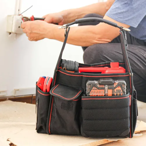 Vista 5 de Bolsa de herramientas Hautmec Tool Tote Pro para electricista, bolsa de herramientas de 18 bolsillos, parte superior abierta, con correa de hombro
