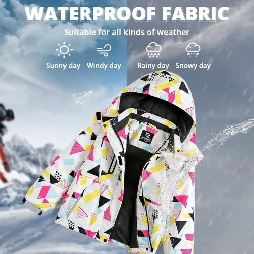 Vista 4 de Simplee Kids Chaqueta de esquí impermeable para niñas, abrigo de invierno colorido con capucha