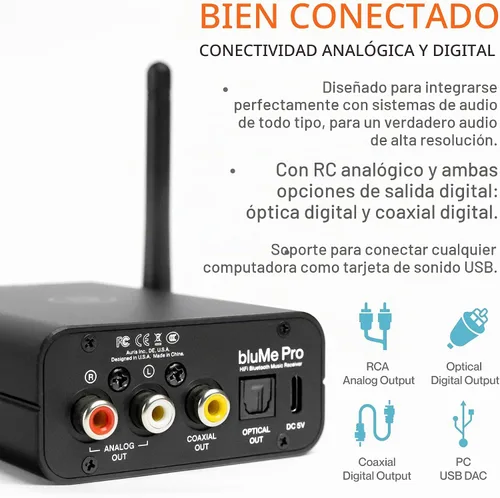 Vista 5 de Blume Pro HiFi Receptor de música Bluetooth 5.3 con adaptador Bluetooth de largo alcance, DAC de audiófilo, LDAC, aptX HD, pantalla OLED y salida