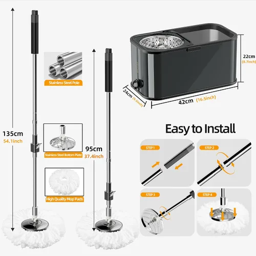 Vista 5 de Trapeador giratorio y cubo con escurridor para el hogar, trapeador de 360° y cubo con agua limpia y sucia separada, mopa de polvo húmedo