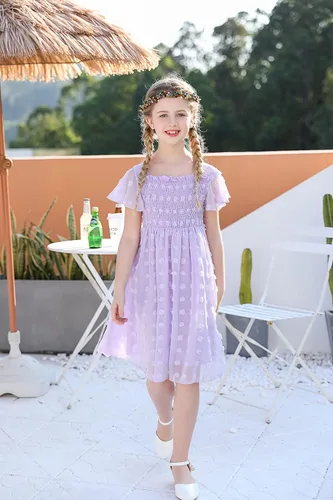 Vista 2 de Kids4ever 6-12T Vestido de gasa para niñas con pompones sólidos y volantes de manga corta con volantes y cuello cuadrado para niños