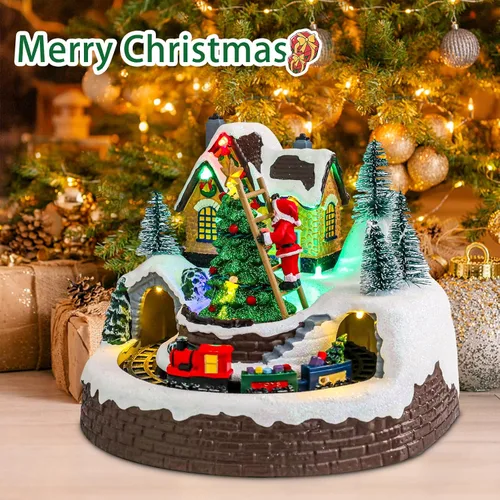 Vista 2 de DREAM GARDEN Casa de Pueblo Navideño, Santa Claus Trepando al Árbol de Navidad con Tren en Movimiento, Funciona con Batería, Edificios