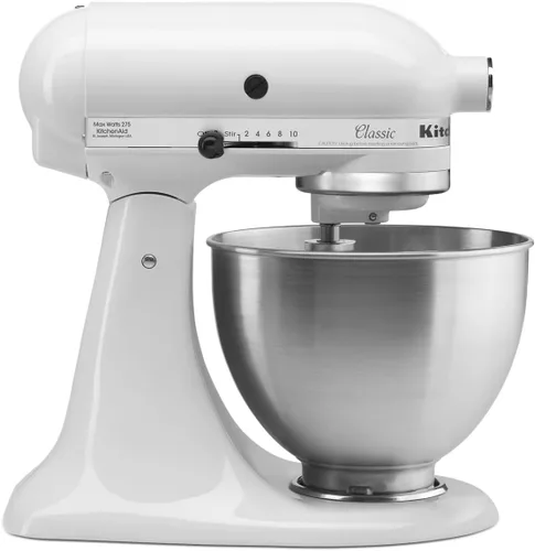 Vista 2 de KitchenAid Classic Series K45SS - Batidora de pie inclinable de 4.5 cuartos de galón, color blanco y 6 velocidades con batidores de borde flexible