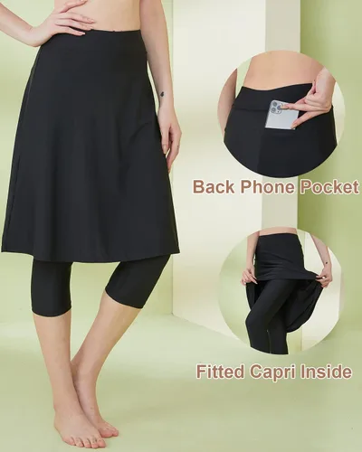Vista 3 de HonourSex Falda de natación para mujer con leggings, falda de natación modesta con leggings, falda capri de natación