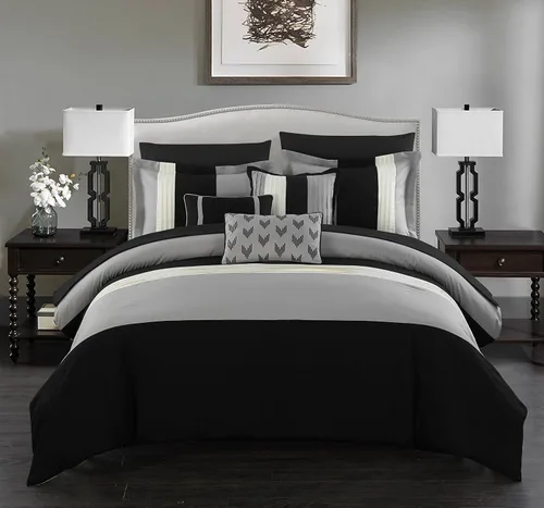Vista 11 de Chic Home Ayelet - Juego de edredón beige para cama en una bolsa, tamaño Queen (10 piezas), ropa de cama de microfibra de alta calidad a rayas