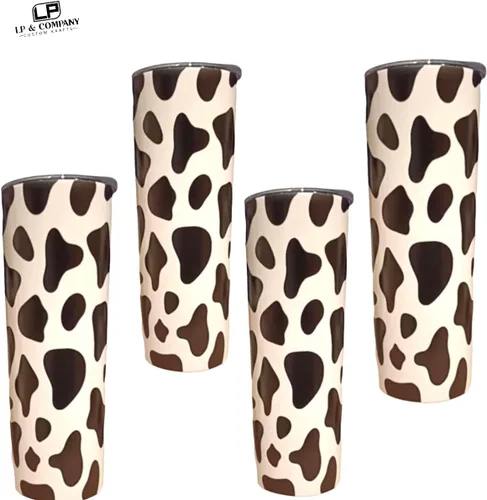Vista 2 de LP - Vaso estampado de vaca con tapa, popote y cubierta de paja con cara de vaca. Aislamiento de doble pared, 20 onzas (paquete de 4)