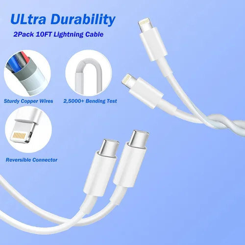 Vista 15 de Cargador rápido para iPhone, [certificado Apple MFi] Paquete de 2 cargadores de pared PD USB C con cargador de pared USB C extra largo de 10 pies a