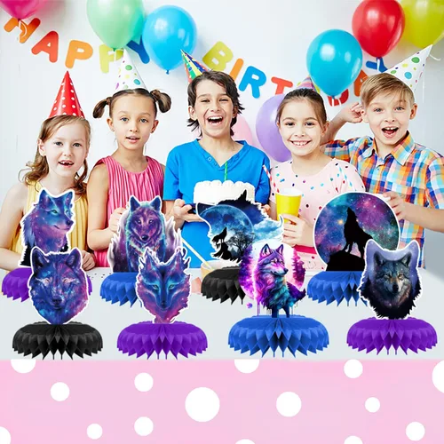 Vista 7 de 8 piezas de decoración de fiesta de cumpleaños de lobo galaxia, cielo estrellado con temática de panal de abeja, centros de mesa 3D de doble cara
