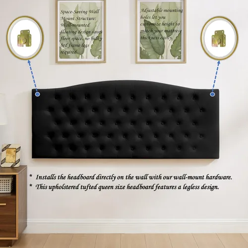 Vista 4 de 24KF 6058-Q - Cabecera tapizada de terciopelo con botones para montar en la pared, cómoda y a la moda, tamaño Queen/Matrimonial, color negro
