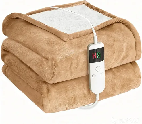 Vista 16 de Manta térmica eléctrica de 50 x 60 pulgadas, manta eléctrica de franela suave y sherpa con 10 niveles de calefacción, se apaga automáticamente