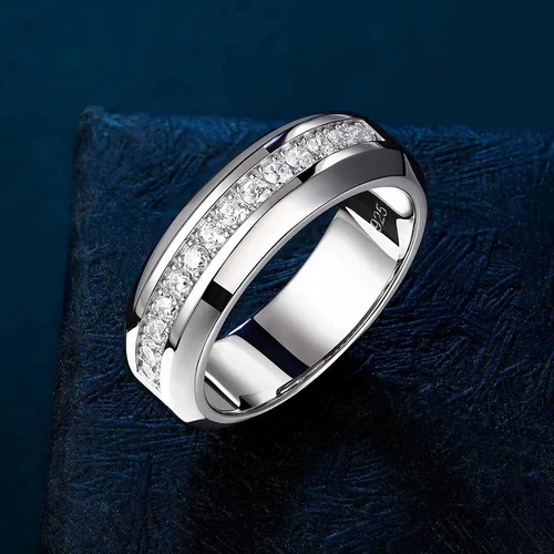 Vista 2 de Anillo de boda de oro blanco para hombre, plata de ley 925 con 13 circonitas cúbicas de corte redondo, anillo de compromiso para él, talla 7-14
