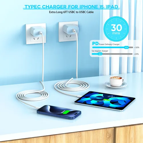 Vista 6 de Certificado Apple MFi: cargador rápido USB C de 20 W para iPhone 17, 16, 15, paquete de 3 cables de carga rápida tipo C de 6 pies para iPhone 17/17