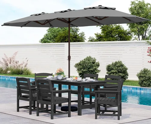 Vista 34 de SERWALL Juego de mesa de comedor de 7 piezas, muebles de comedor de polietileno de alta densidad para exteriores con agujero para paraguas y 6 Negro