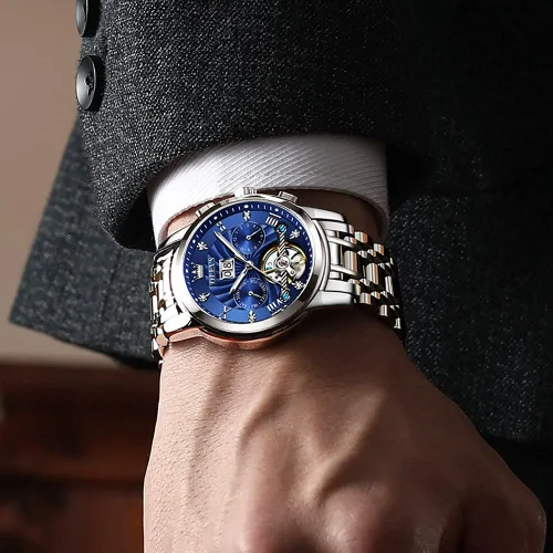 Vista 3 de OLEVS - Reloj automático para hombre con diseño de esqueleto de 5 manecillas, clásico, de lujo, multicalendario, de acero inoxidable, impermeable