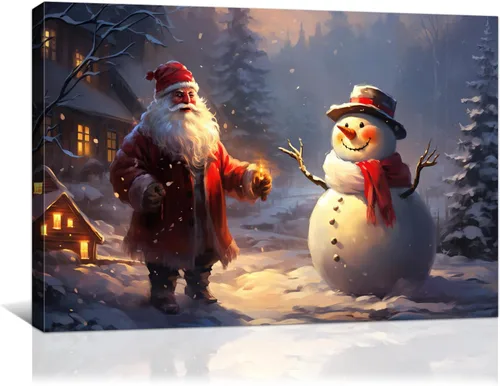 Vista 3 de gaosoul Lienzo de muñeco de nieve navideño para pared, lindo muñeco de nieve en pintura de paisaje nevado, póster navideño para sala de estar