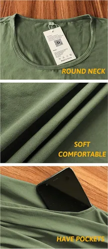 Vista 5 de Vestido de manga larga para mujer, holgado, liso, largo, estilo informal, con bolsillos. 01-verde militar