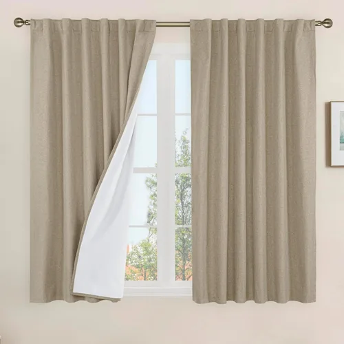 Vista 142 de LAMIT Cortinas opacas cortas de lino de 30 pulgadas para ventanas de cocina sobre el fregadero, cortinas de café texturizadas de lino marfil