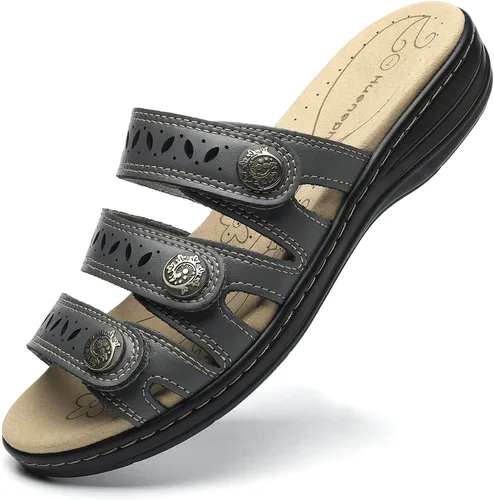 Vista 15 de Sandalias de cuero cómodas para mujer, ligeras, planas, bonitas, sin cordones, informales, para caminar Beige