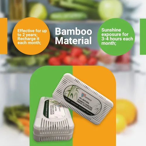 Vista 4 de Desodorizador para refrigerador (paquete de 2) – Desodorante de carbón activado de bambú natural – Eficaz que el bicarbonato de sodio – Removedor
