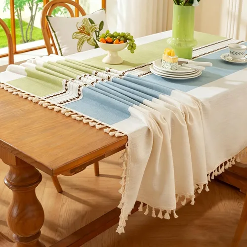 Vista 2 de Pahajim Mantel Rectangular a Rayas con Borlas Mantel Grueso de Lino y Algodón para Picnic al Aire Libre, Comedor y Decoración de Cocina para Fiestas